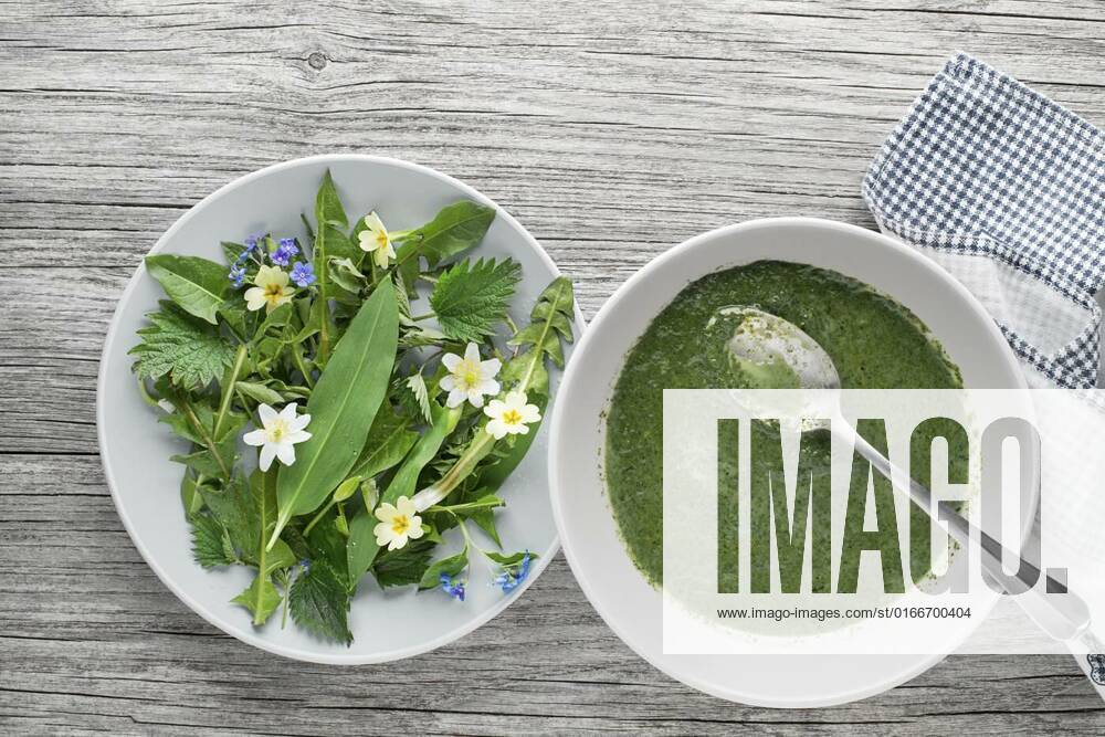 Healthy cream soup, Healthy green soup with fresh spring plants. Dandelion, wild garlic, flowers and nettle ingredients, 30.03.2021,
