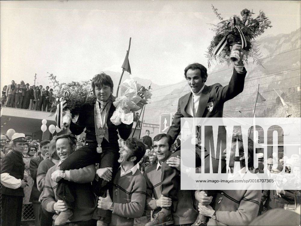 Mar. 21, 1972 - ?Golden Girl? Marie-Theres Nadig back home ? Back from her most successful Olympic adventure in Sapporo, where she won two gold medals, ?golden girls? Marie Theres Nadig had been welcomed Tuesday afternoon in her village in Flums by more than 10,000 people. She was accompanied by Edmund Bruggmann, silver medal in Sapporo, who is citizen of the same village. OPS: Marie-Theres Nadig and Edmund Bruggmann in triumph. Keystone Zurich 72-3-21 - ZUMAk09
