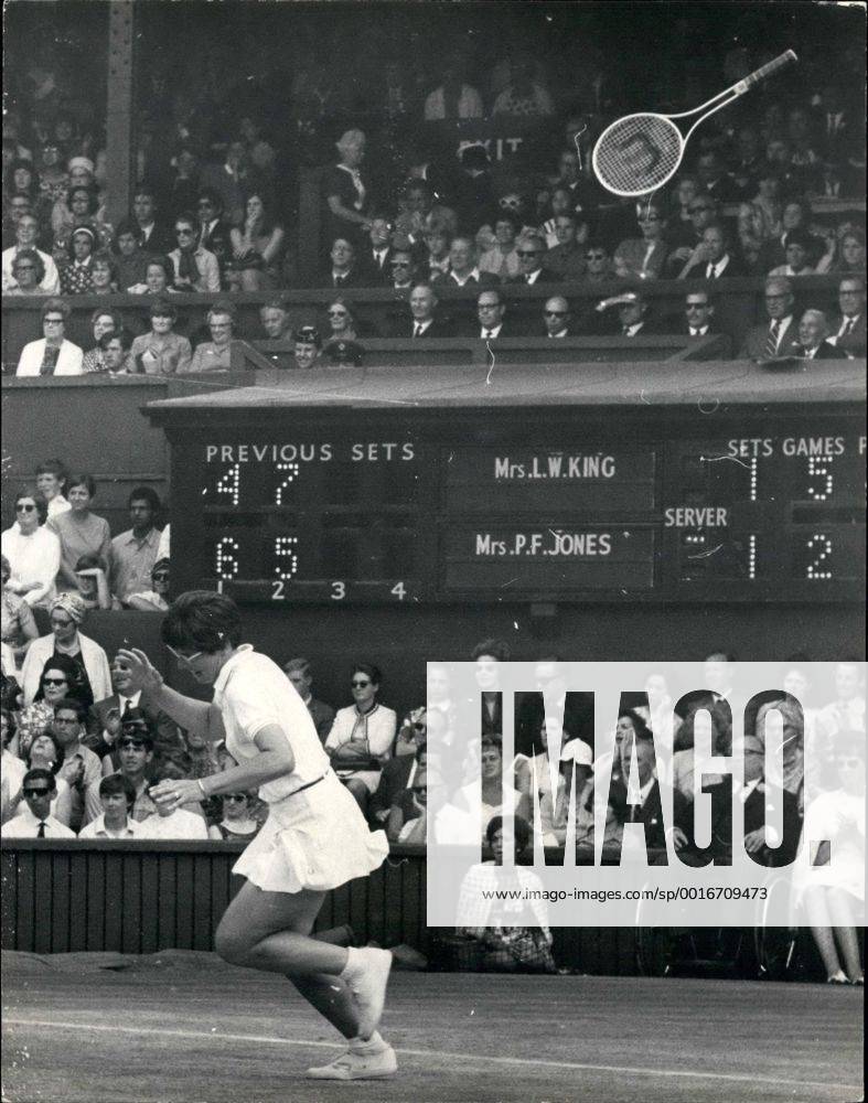 Jul. 07, 1968 - Wimbledon Open Tennis Championships. Women s Semi Final Mrs. King V Mrs. Jones. Keystone Photo Shows: Mrs. Billie Jean King (USA) throws her racquet in to the air with delight, after making the sinning shot to beat Mrs. Ann Jones (GB) in their match at the Wimbledon today. - ZUMAk09