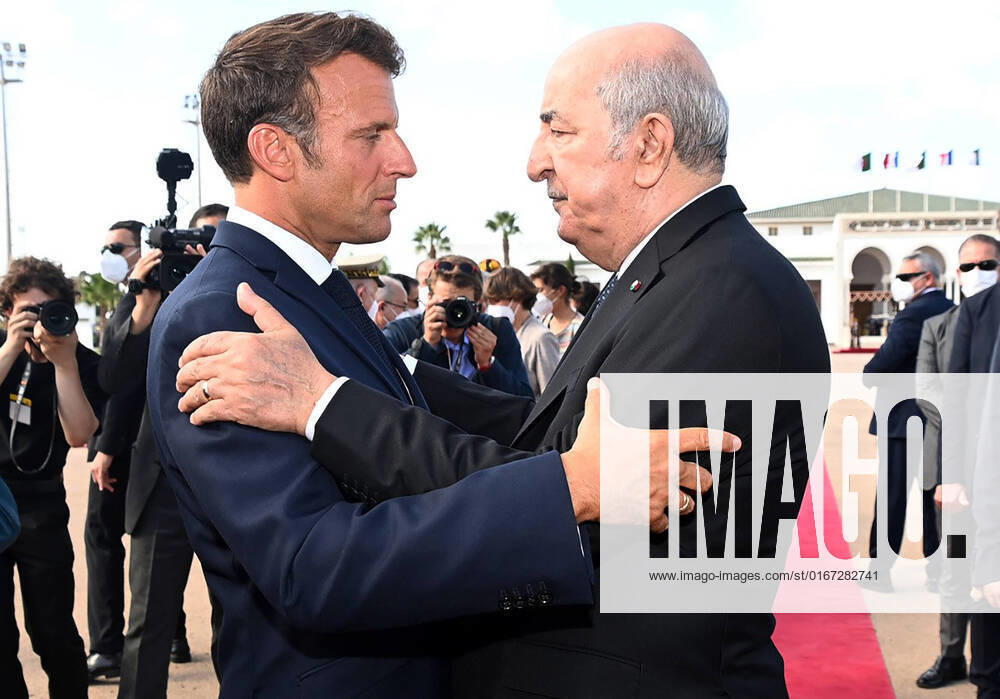 French President Emmanuel Macron In Algeria Algerian President Abdelmadjid Tebboune (R) and French President Emmanuel Macron (L) at Houari Boumediene International Airport in Algiers, Algeria, August 27, 2022. Macron was on a three-day visit to Algeria. Alger Algeria