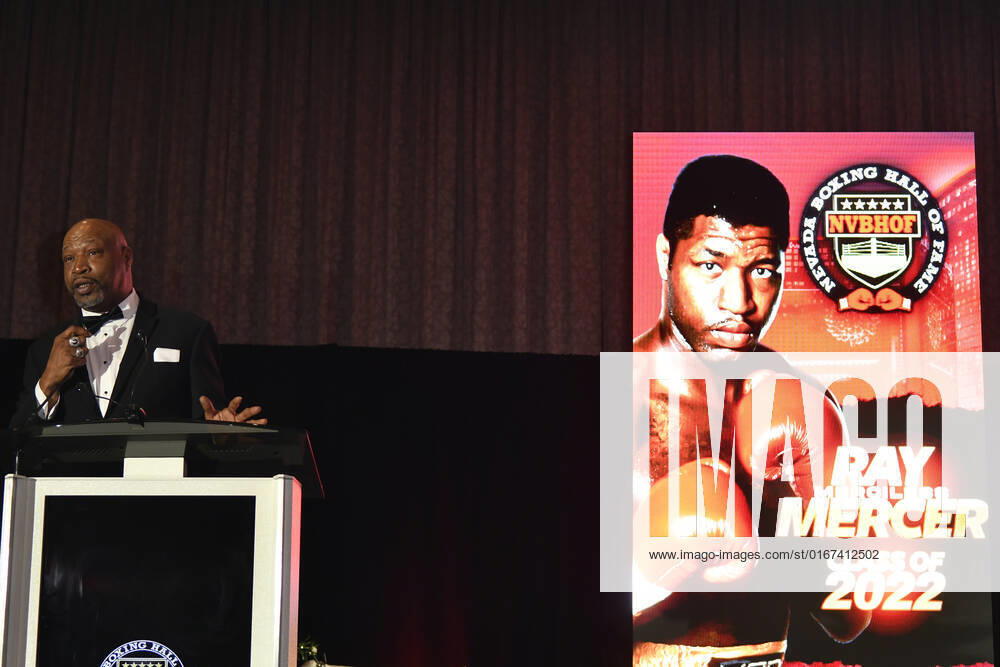 LAS VEGAS, NV - AUGUST 27: Ray Mercer speaking at the Induction Ceremony & Dinner for the 2022 Nevada Boxing Hall Of Fame at Resorts World Las Vegas in Las Vegas,Nevada, on August 27, 2022.