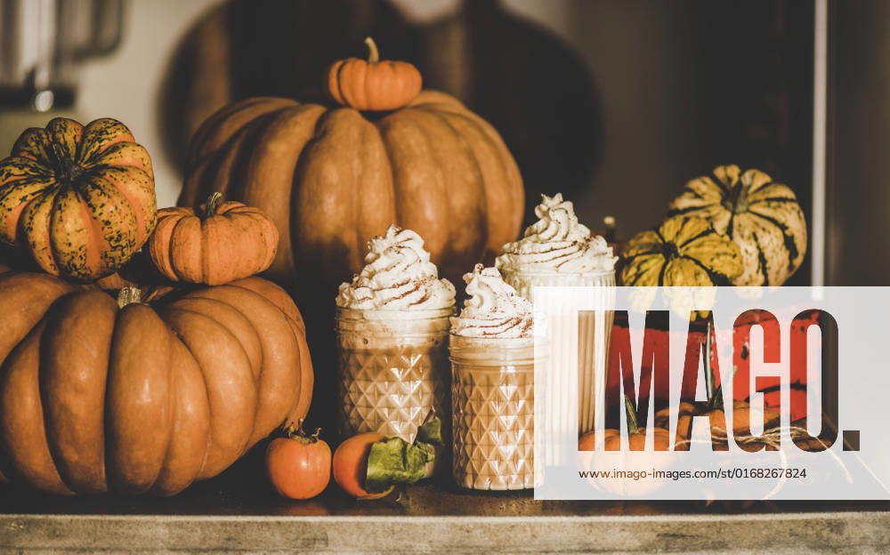 Pumpkin latte coffee in glasses among pumpkins and cinnamon sticks Pumpkin spice latte coffee drink topped with whipped cream in tall glasses among fresh pumpkins, persimmons and cinnamon sticks on table, grey wall background. Seasonal Autumn hot warming sweet drink