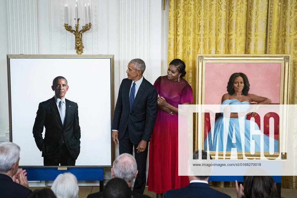 Former President Barack Obama and former First Lady Michelle Obama unveil their official portraits in the East Room of the White House in Washington, DC on Wednesday, September 7, 2022. The portraits of the former president and first lady were painted by Robert McCurdy and Sharon Sprung, respectively. WAP20220907536 AlxDrago