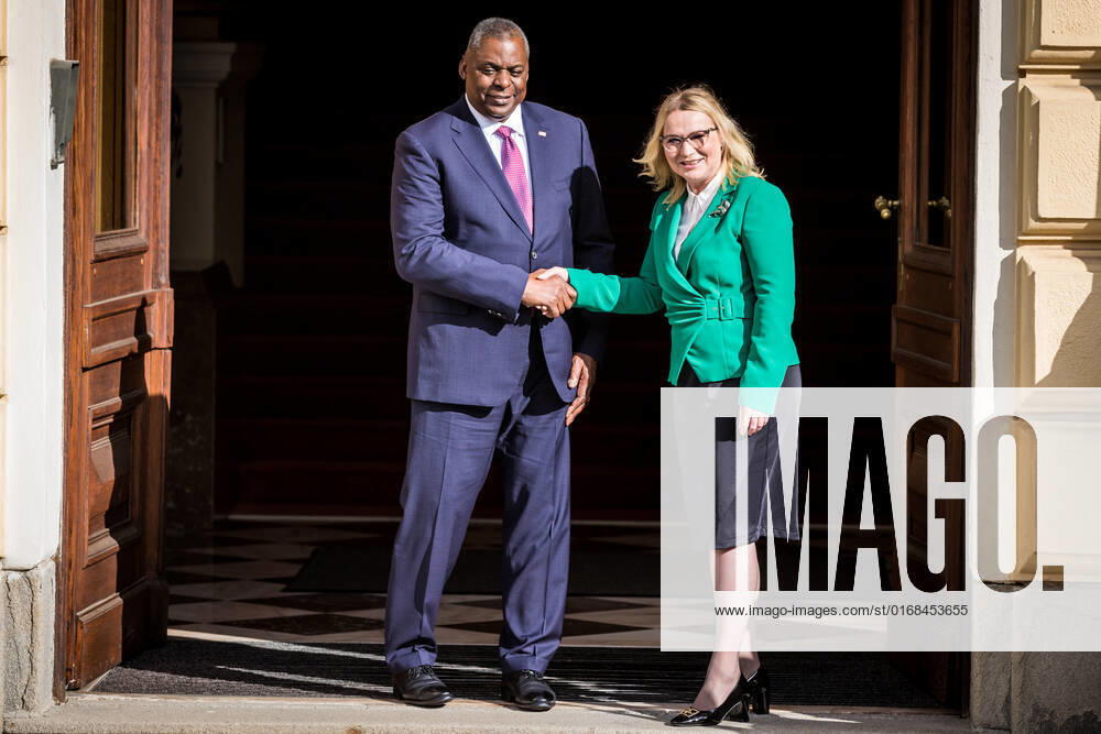U.S. Secretary of Defense Lloyd Austin, left, and Czech Defence Minister Jana Cernochova shake hands during the official welcoming ceremony in Prague, Czech Republic, on Friday, September 9, 2022. (CTKxPhoto JaroslavxSvoboda) CTKPhotoP2022090903332 SVO 6