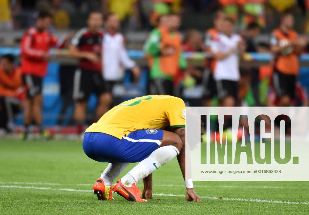 (140708) -- BELO HORIZONTE, July 8, 2014 (Xinhua) -- Brazil s Dante reacts after a semifinal match between Brazil and Germany of 2014 FIFA World Cup at the Estadio Mineirao Stadium in Belo Horizonte, Brazil, on July 8, 2014. Germany won 7-1 over Brazil and qualified for the final on Tuesday.(Xinhua Li Ga)(rh) (SP)BRAZIL-BELO HORIZONTE-WORLD CUP 2014-SEMIFINALS-BRAZIL VS GERMANY