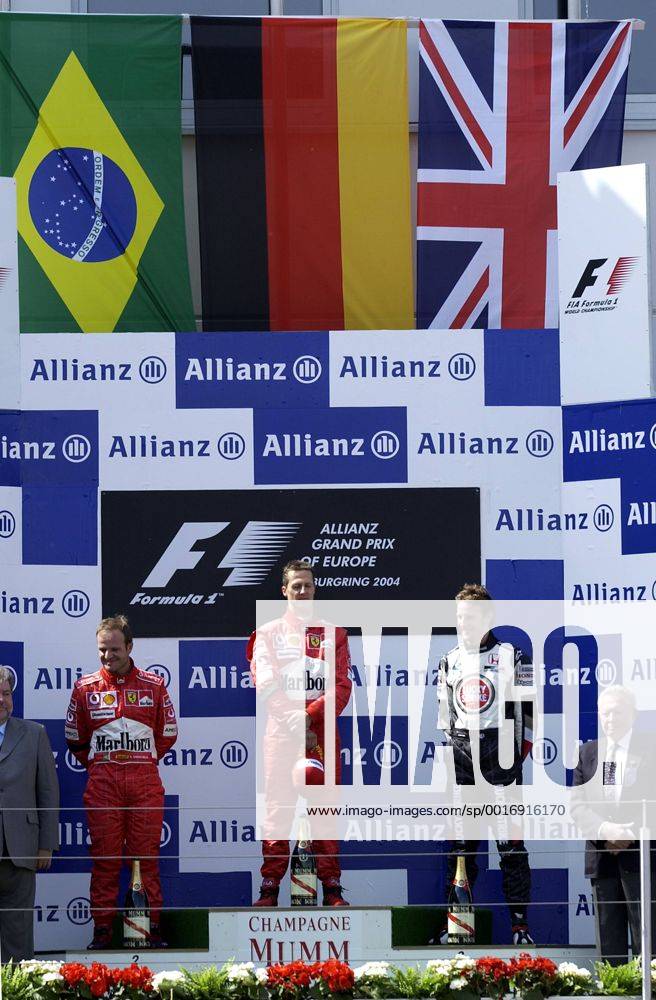 SCHUMACHER Michael Team Scuderia Ferrari Sieger Großer Preis von Europa 2004 auf dem Nürburgring.Sport Motorsport Formel 1 Siegeehrung mit Rubens Barrichello. Copyright