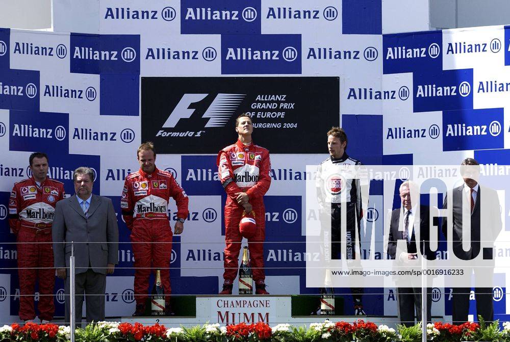 SCHUMACHER Michael Team Scuderia Ferrari Sieger Großer Preis von Europa 2004 auf dem Nürburgring.Sport Motorsport Formel 1 Siegeehrung mit Rubens Barrichello. Copyright