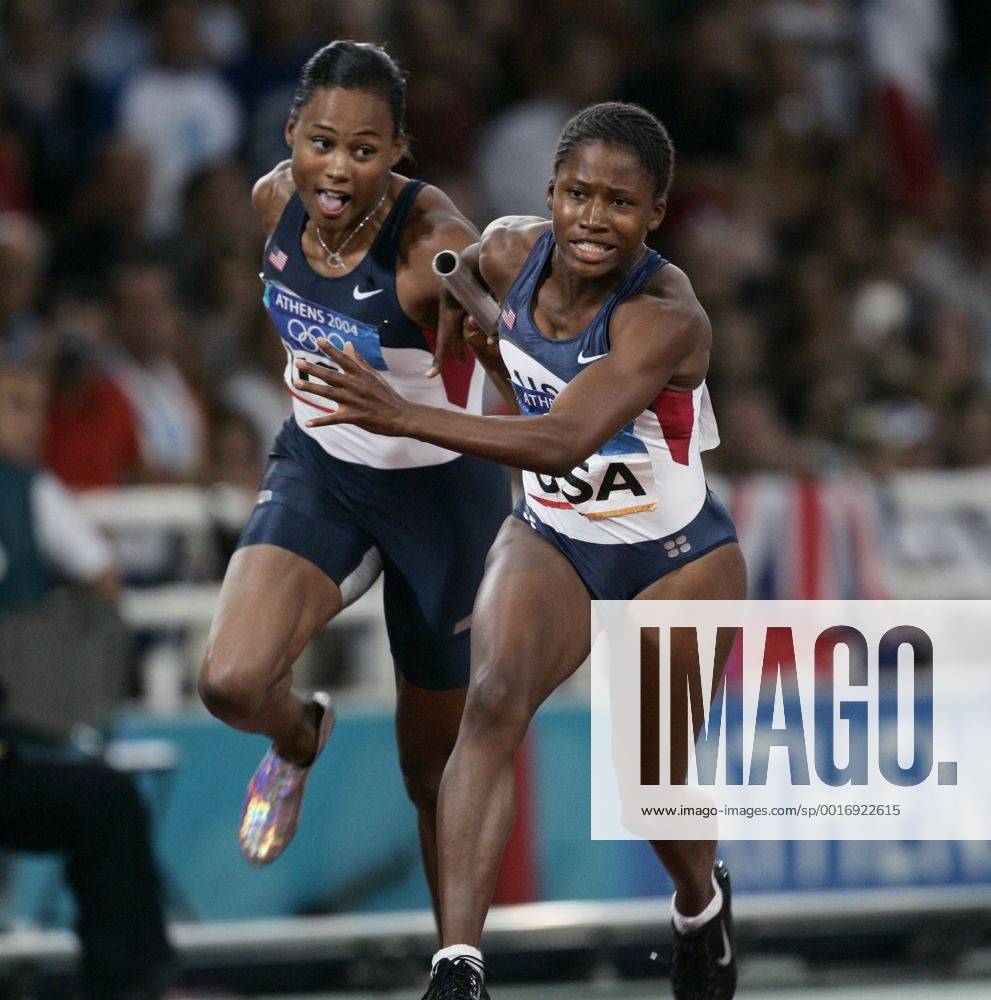 JONES Marion auf WILLIAMS Lauryn Olympische Sommerspiele 2004 in Athen. 4x100m Frauen Finale ausgeschieden Leichtathletik misslungener Staffelwechsel.