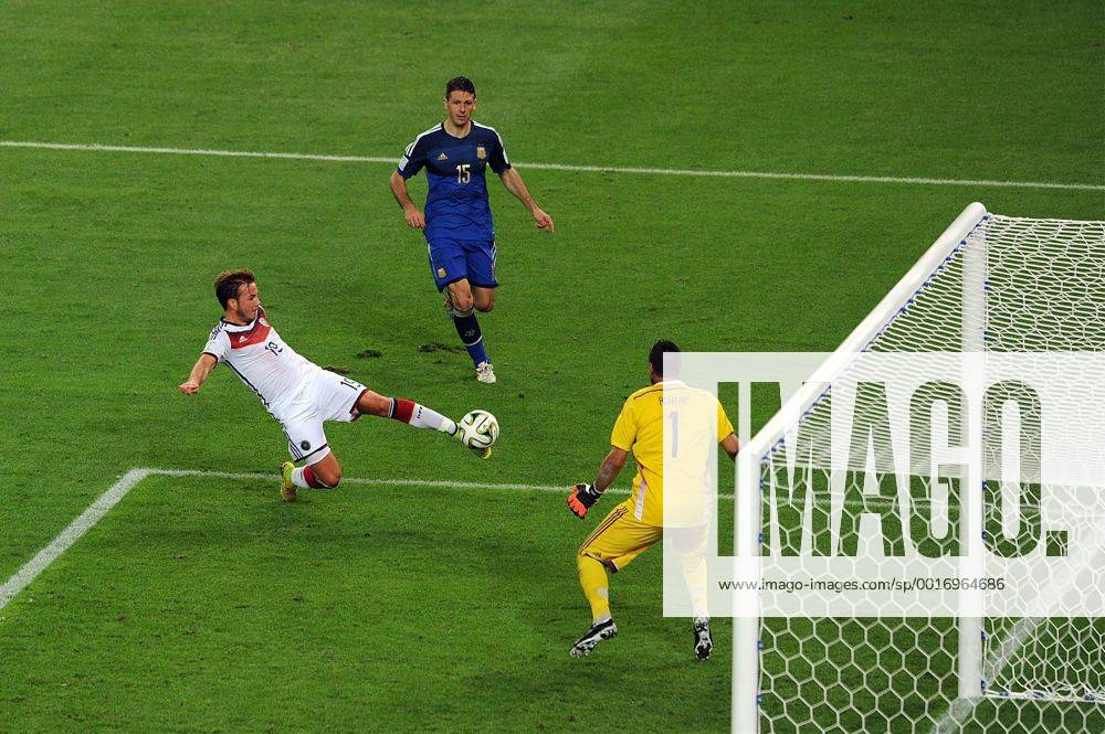 Mario Goetze of Germany scores the opening goal past Sergio Romero of Argentina during the 2014 FIFA World Cup Final at the Estadio do Maracana in Rio de Janeiro, Brazil on July 13, 2014. RIO2014071301