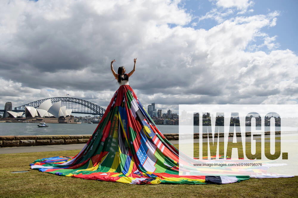 THE AMSTERDAM RAINBOW DRESS, Susie Wrong models the Amsterdam Rainbow Dress at the Royal Botanic Garden, ahead of the Sydney WorldPride Human Rights Conference, in Sydney, Tuesday, September 20, 2022. ( NO ARCHIVING, , NO USE IN BOOKS WITHOUT CONSENT SYDNEY NSW AUSTRALIA