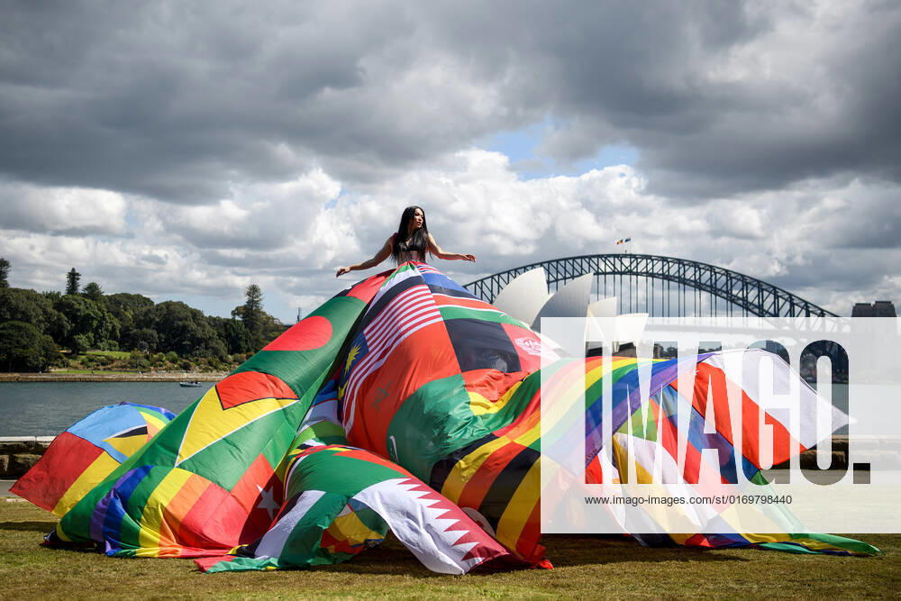 THE AMSTERDAM RAINBOW DRESS, Susie Wrong models the Amsterdam Rainbow Dress at the Royal Botanic Garden, ahead of the Sydney WorldPride Human Rights Conference, in Sydney, Tuesday, September 20, 2022. ( NO ARCHIVING, , NO USE IN BOOKS WITHOUT CONSENT SYDNEY NSW AUSTRALIA