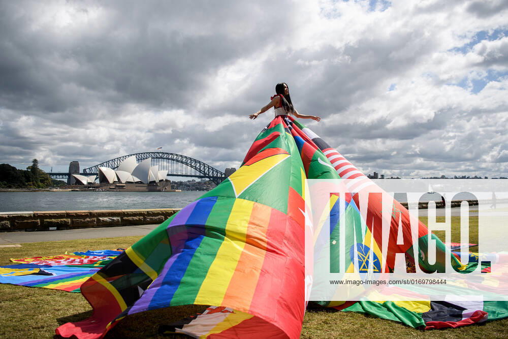 THE AMSTERDAM RAINBOW DRESS, Susie Wrong models the Amsterdam Rainbow Dress at the Royal Botanic Garden, ahead of the Sydney WorldPride Human Rights Conference, in Sydney, Tuesday, September 20, 2022. ( NO ARCHIVING, , NO USE IN BOOKS WITHOUT CONSENT SYDNEY NSW AUSTRALIA