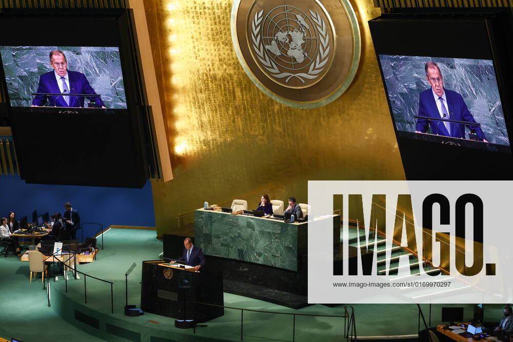 KW38 NEW YORK CITY, UNITED STATES - SEPTEMBER 24, 2022: Russia s Foreign Minister Sergei Lavrov speaks during the general debate at the 77th session of the United Nations General Assembly at the UN headquarters. Valery Sharifulin TASS TS143BC9