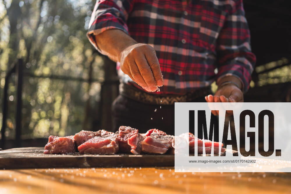 Crop unrecognizable man in checkered shirt putting salt on pieces of meat on wooden cutting board while preparing food in woods, Model released ReneStevens_ArgentinianBBQDance_14