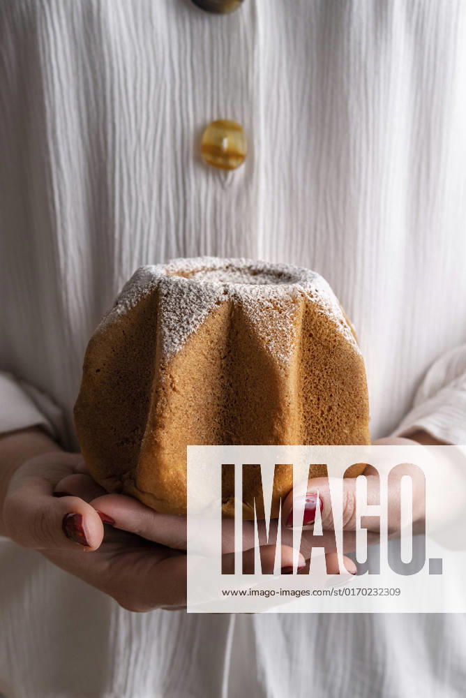 Hands holding a small pandoro being held in a womans hands Hands holding a small pandoro being held in a womans hands