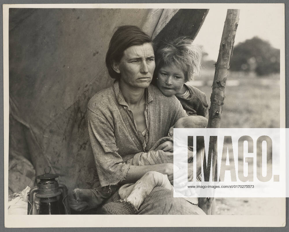 Migrant agricultural worker s family. Seven hungry children. Mother aged thirty-two. Father is a native Californian. Destitute in pea picker s camp, Nipomo, California, because of the failure of the early pea crop. .... 1936. Photographs. The Miriam and Ira D. Wallach Division of Art, Prints and Photographs: Photography Collection. California , Nipomo, California , San Luis Obispo County, Migrant laborers families, Dust Bowl Era, 1931-1939, Poverty