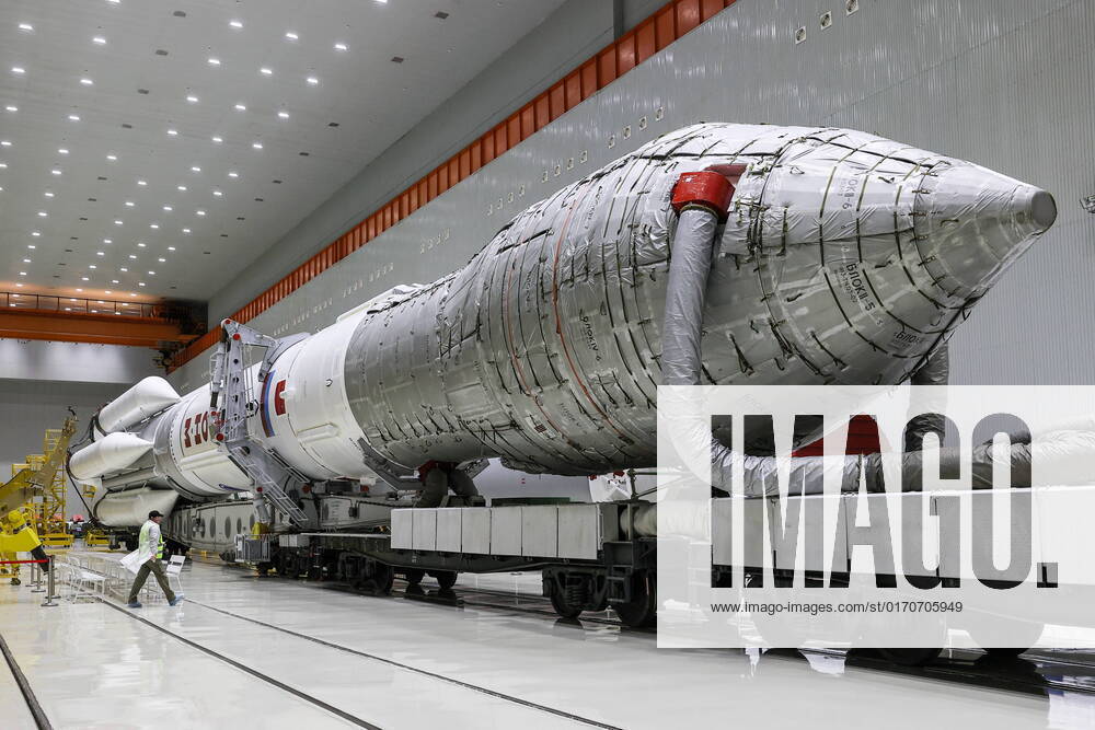 Kazakhstan. OCTOBER 8, 2022. A Proton-M rocket booster carrying the Angosat-2 communications satellite rolls out to a launch site at the Baikonur Cosmodrome, scheduled to lift off on October 12. Sergei Savostyanov TASS 55263080