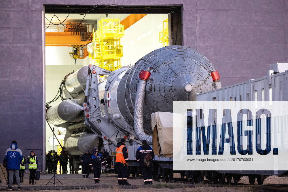 Kazakhstan. OCTOBER 8, 2022. A Proton-M rocket booster carrying the Angosat-2 communications satellite rolls out to a launch site at the Baikonur Cosmodrome, scheduled to lift off on October 12. Sergei Savostyanov TASS 55263081