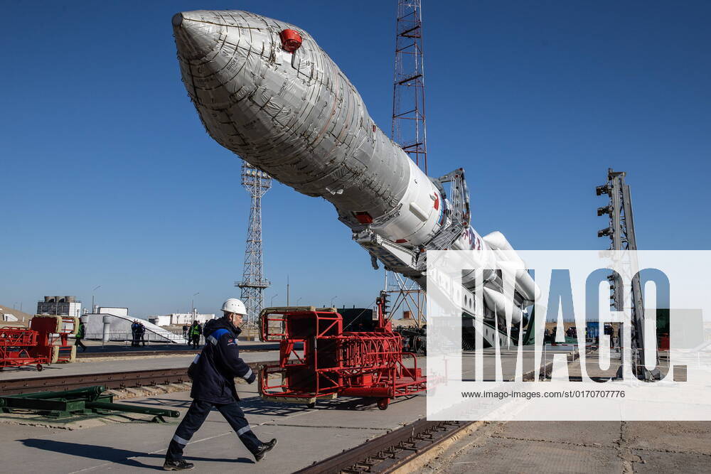 Kazakhstan. OCTOBER 8, 2022. A Proton-M rocket booster carrying the Angosat-2 communications satellite stands on its launch pad at the Baikonur Cosmodrome, scheduled to lift off on October 12. Sergei Savostyanov TASS 55263631