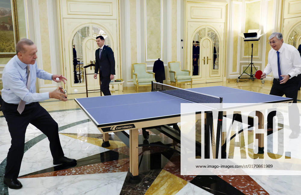 Turkish President Recep Tayyip Erdogan plays ping pong with Kazakh President Kassym-Jomart Tokayev, in Astana, Kazakhstan Turkish President Recep Tayyip Erdogan plays ping pong with Kazakh President Kassym-Jomart Tokayev, in Astana, Kazakhstan on October 12, 2022. Photo by Turkish presidency apaimages Astana Astana Kazakhstan 121022_Kazakhstan_TP_00 (10)
