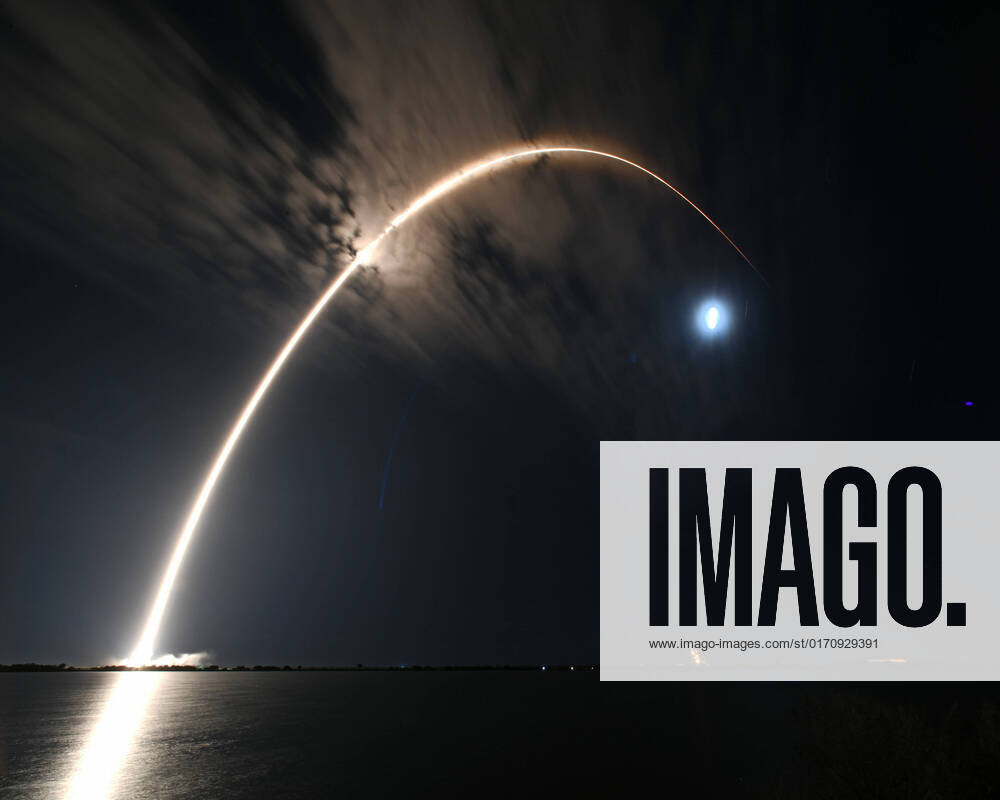 A timed exposure of the SpaceX Falcon 9 rocket launching past the moon at 1:11 AM from Complex 40 at the Cape Canaveral Space Force Station, Florida on Saturday, October 15, 2022. SpaceX is launching Hotbird 13F, an Airbus built satellite for Eutelsat, which will provide TV, communications and data support for Europe, North Africa and parts of the Mid East. This launch marks the 100th SpaceX launch from Complex 40 and the 45th launch from Florida in 2022. 1 CCP20221015060 JOExMARINO