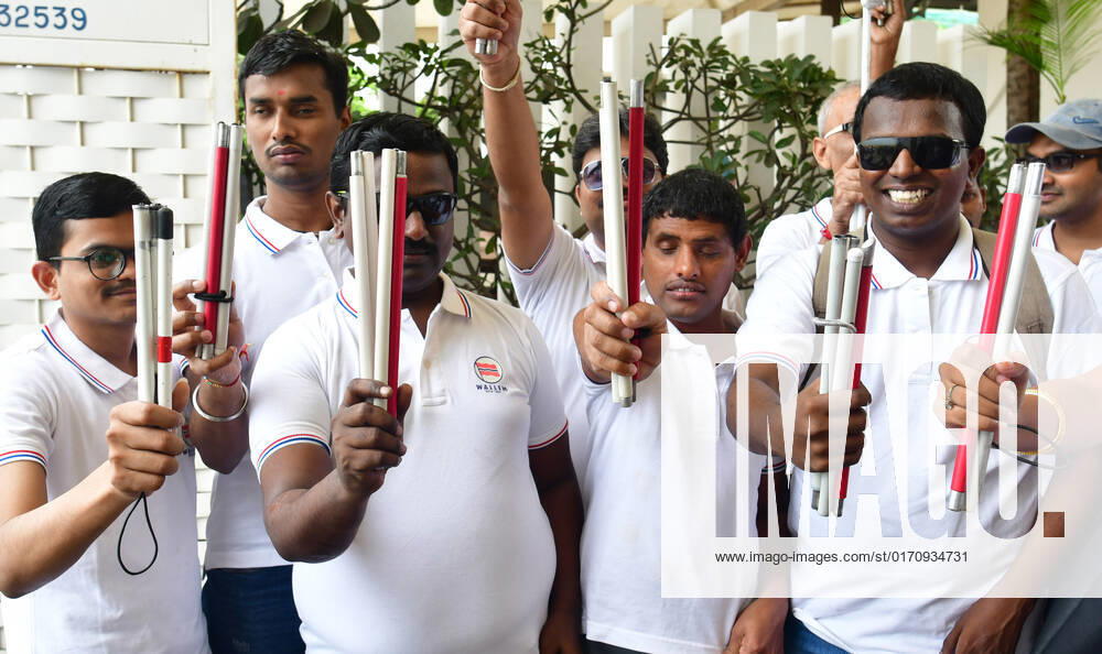 MUMBAI, INDIA ? OCTOBER 15: Students of National Association for the Blind (NAB) along with school staff celebrate the World White Cane Day to create awareness, at Worli, on October 15, 2022 in Mumbai, India. World White Cane Day is celebrated on October 15 to recognise the importance of white canes for blind people, who want to safely travel and maintain their independence. The day aims to recognise the active participation of blind people in society and celebrate their achievements. (Photo by Bhushan Koyande Hindustan Times ) World White Cane Day 2022