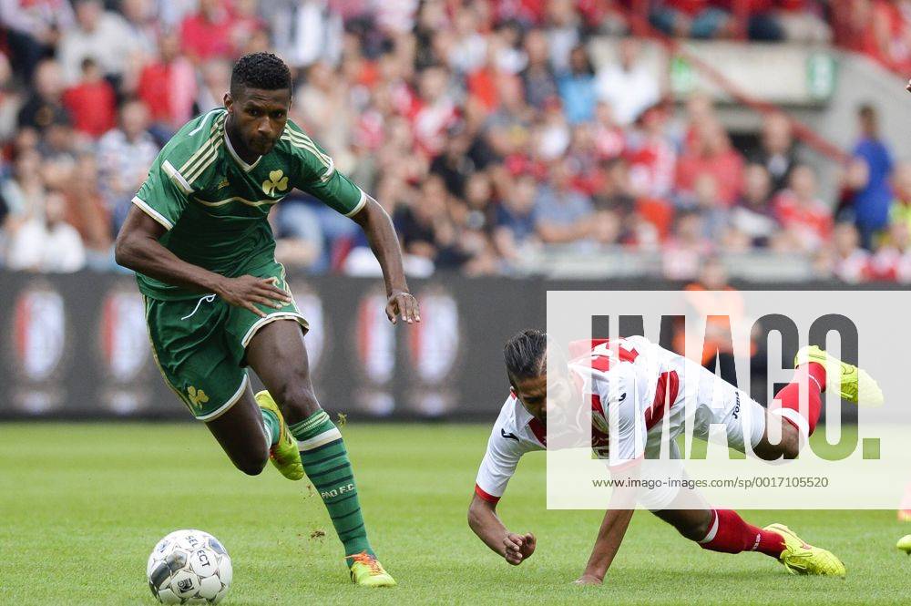 20140730 - LIEGE, BELGIUM: Panathinaikos David Mendes da Silva and Standard s Mehdi Carcela fight for the ball during a soccer game between Belgian first division team Standard de Liege and Greek Panathinaikos F.C., Wednesday 30 July 2014, in Liege, the first leg of the third qualifying round for the UEFA Champions League tournament. LAURIExDIEFFEMBACQ 04267650