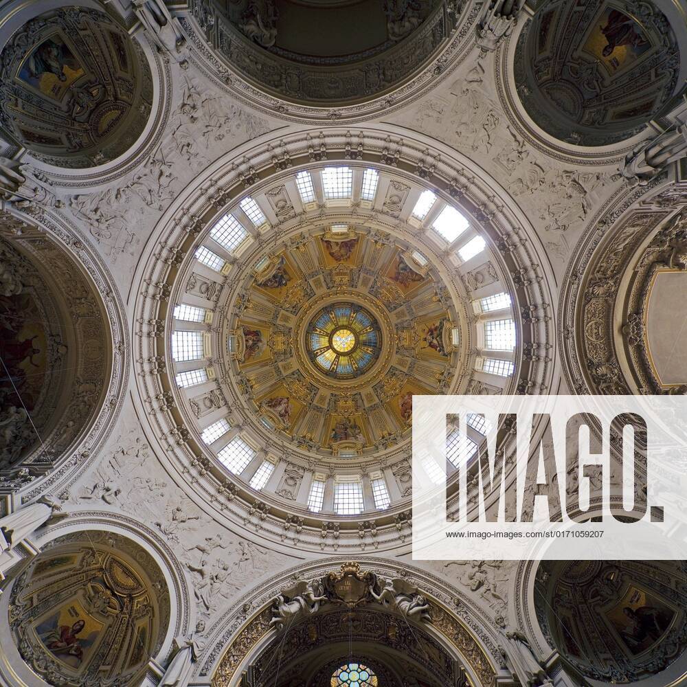 Aufblick in the Dome with central Holy Spirit window with dome windows, indoor shot, Berlin cathedral, Berlin, Germany, Europe