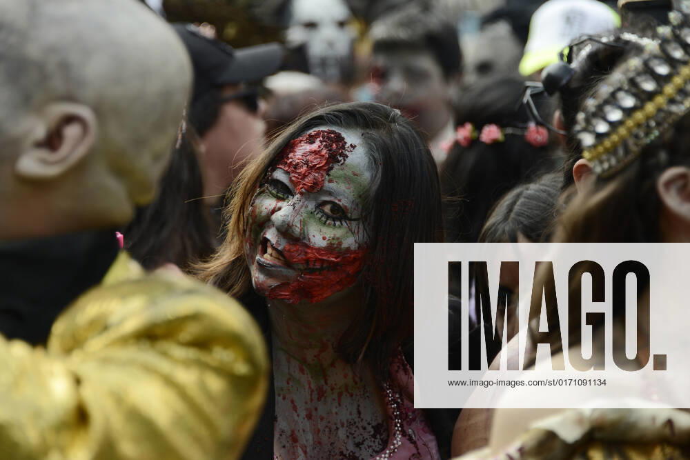 15th Annual Zombie Walk in Mexico October 22, Mexico City, Mexico: A participant walks during the 15th anniversary march of the annual Zombie Walk at Revolution Monumento. on October 22, 2022 in Mexico City, Mexico. (Photo by Carlos Tischler Eyepix Group)