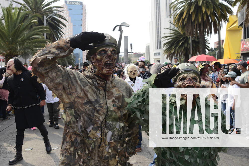 15th Annual Zombie Walk in Mexico October 22, Mexico City, Mexico: A participant walks during the 15th anniversary march of the annual Zombie Walk at Revolution Monumento. on October 22, 2022 in Mexico City, Mexico. (Photo by Carlos Tischler Eyepix Group)