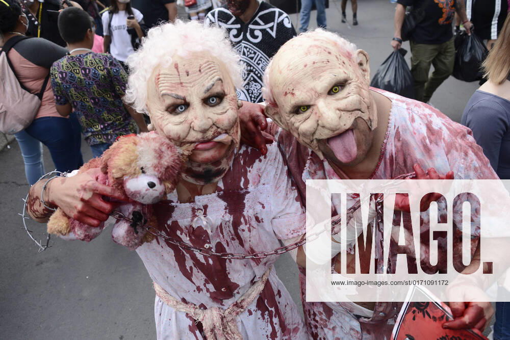 15th Annual Zombie Walk in Mexico October 22, Mexico City, Mexico: A participant walks during the 15th anniversary march of the annual Zombie Walk at Revolution Monumento. on October 22, 2022 in Mexico City, Mexico. (Photo by Carlos Tischler Eyepix Group)