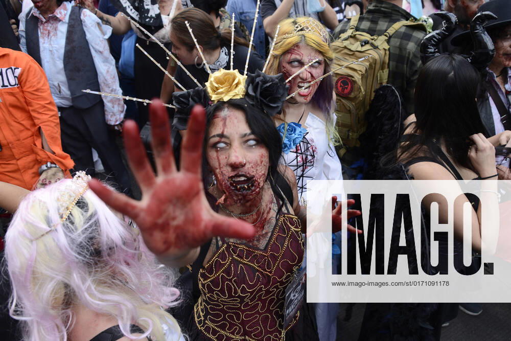 15th Annual Zombie Walk in Mexico October 22, Mexico City, Mexico: A participant walks during the 15th anniversary march of the annual Zombie Walk at Revolution Monumento. on October 22, 2022 in Mexico City, Mexico. (Photo by Carlos Tischler Eyepix Group)