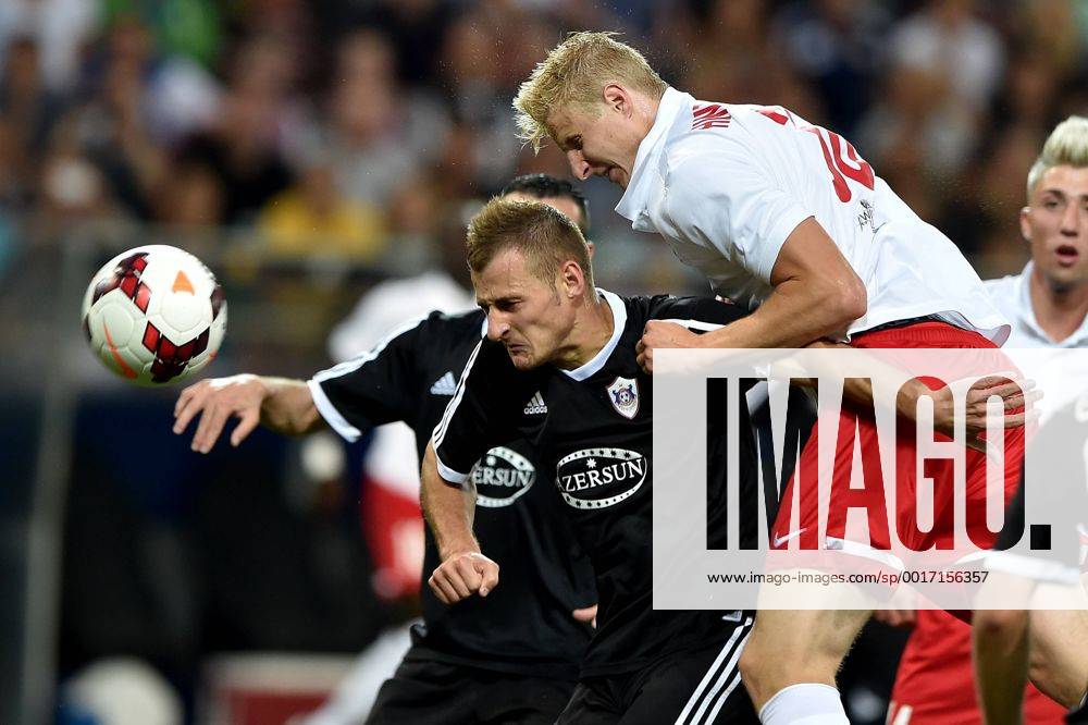 SOCCER - CL, RBS vs Qarabag SALZBURG,AUSTRIA,06.AUG.14 - SOCCER - UEFA Champions League, qualifying, Red Bull Salzburg vs Qarabag Agdam FK. Image shows Ansi Agolli (Qarabag) and Martin Hinteregger (RBS).