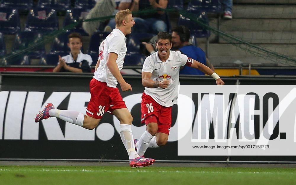SOCCER - CL, RBS vs Qarabag SALZBURG,AUSTRIA,06.AUG.14 - SOCCER - UEFA Champions League, qualifying, Red Bull Salzburg vs Qarabag Agdam FK. Image shows the rejoicing of Martin Hinteregger and Jonatan Soriano (RBS).