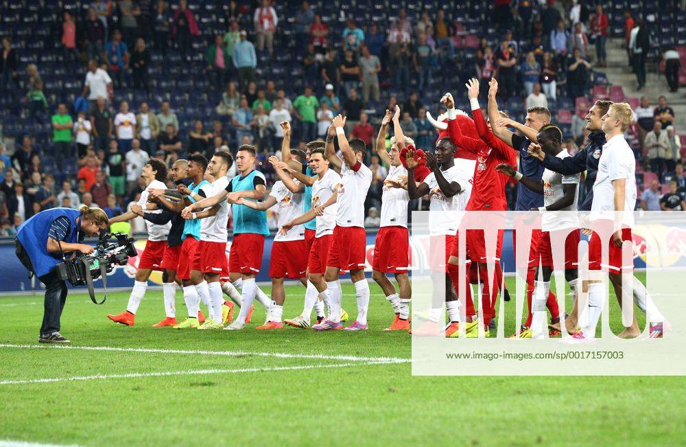 SOCCER - CL, RBS vs Qarabag SALZBURG,AUSTRIA,06.AUG.14 - SOCCER - UEFA Champions League, qualifying, Red Bull Salzburg vs Qarabag Agdam FK. Image shows the rejoicing of Red Bull Salzburg. Keywords: mascot Bullidibumm.