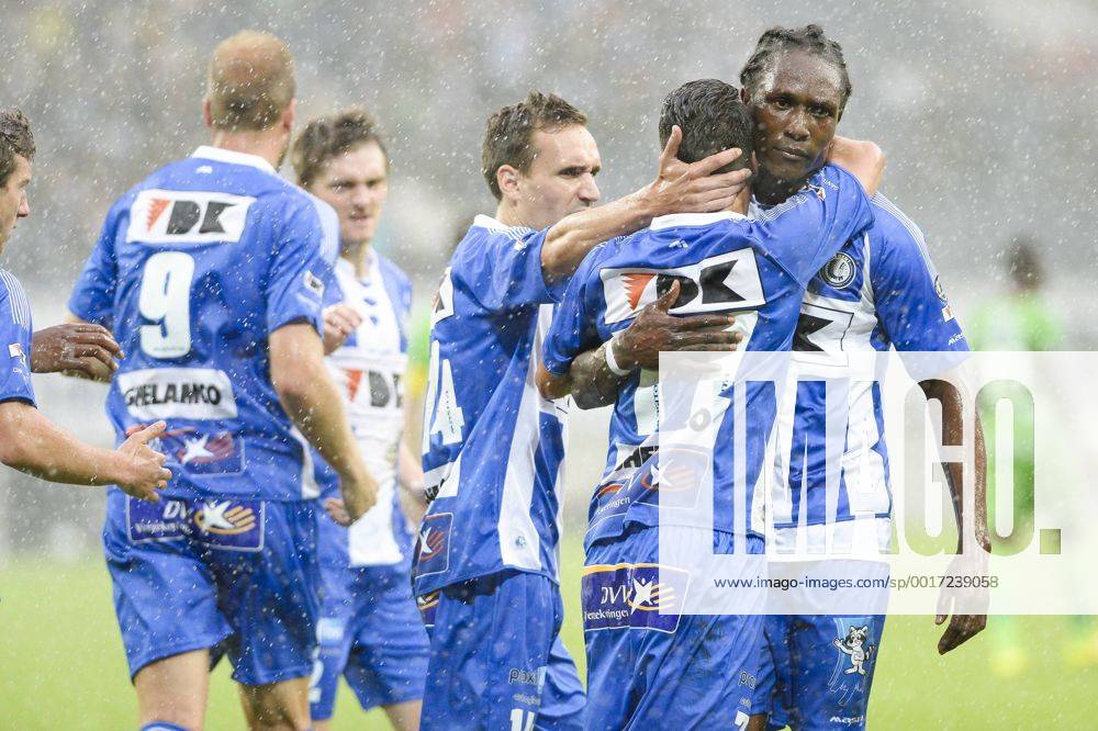 20140817 - GENT, BELGIUM: Gent s Danijel Milicevic and Gent s Habib Habibou celebrate after scoring during the Jupiler Pro League match between KAA Gent and Zulte Waregem, in Gent, Sunday 17 August 2014, on day 4 of the Belgian soccer championship. LAURIExDIEFFEMBACQ 04280386