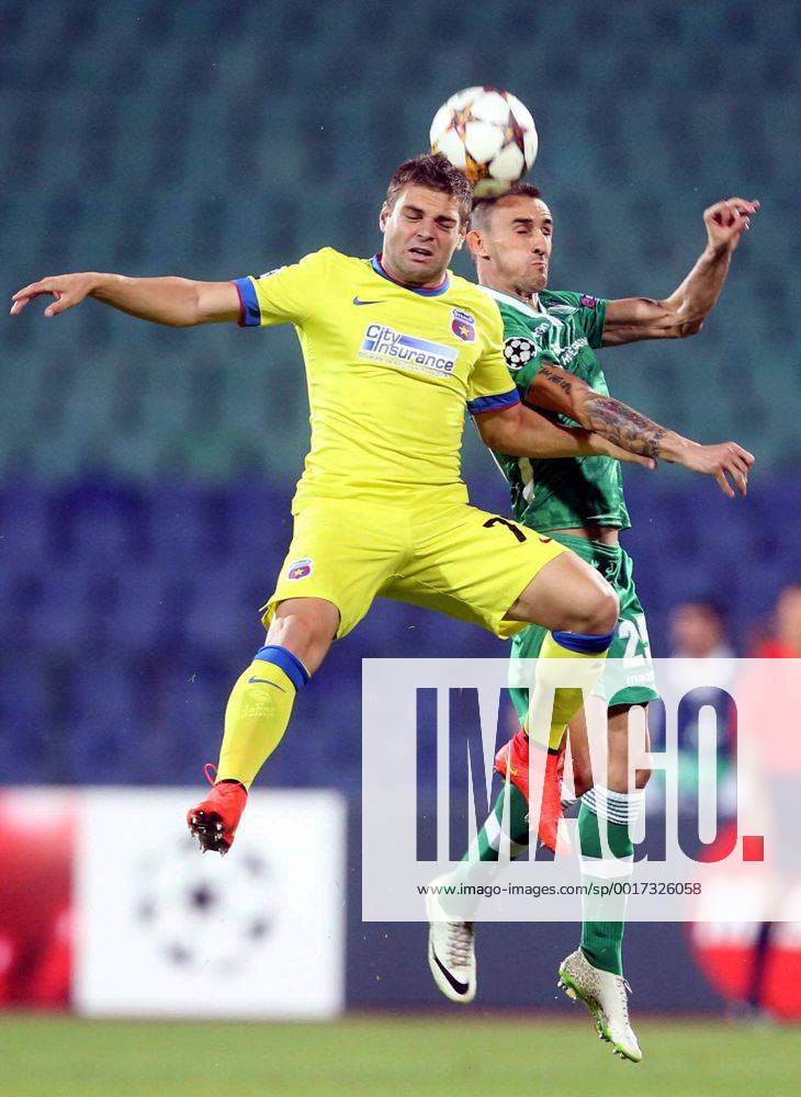 Sofia - PFC Ludogorets Razgrad FC Steaua Bukarest - UEFA play off champions league men s football Yordan Minev(r) PFC Ludogorets and Adrian Popa(L) FC Steaua