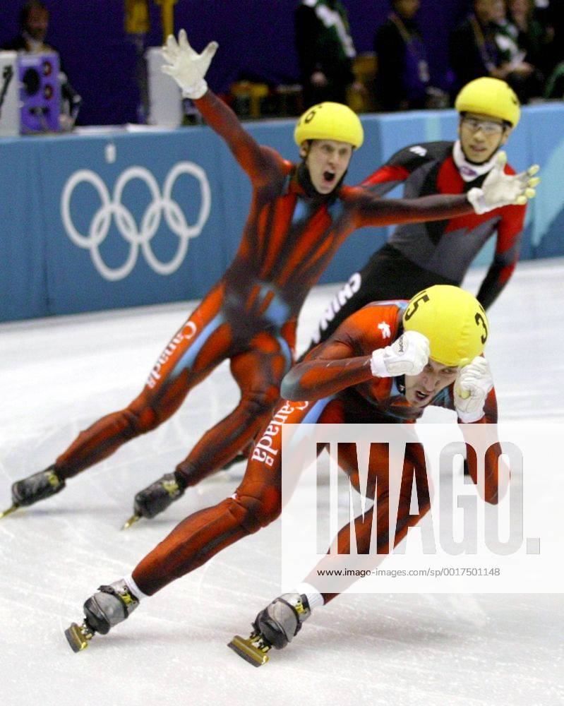 Feb 24, 2002; Salt Lake City, UT, USA; In a historic day for Canada, speed skaters Marc Gagnon, front, and Jonathan Guilmette reap Olympic gold and silver last night at the 500-metre short-track event in Salt Lake City. Soon after, they and their teammates went on to win gold in themen s 5,000-metre relay. Earlier, Clara Hughes won bronze. . 2002 Salt Lake City Winter Olympics - ZUMAt14_
