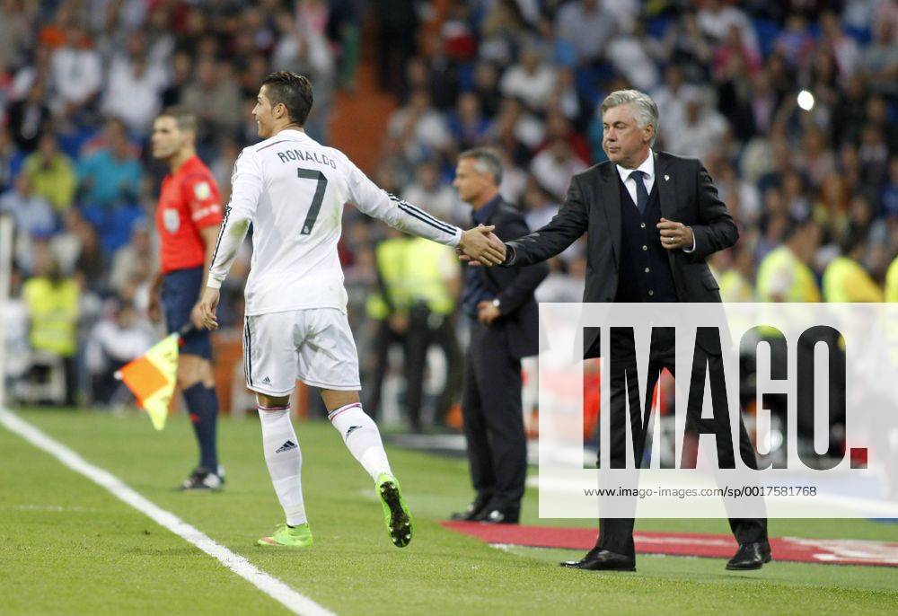 League BBVA match played between Real Madrid and FC Elche. In this picture, Cristiano Ronaldo celebrates one of their goals with Carlo Ancelotti. A.xGARCIAx