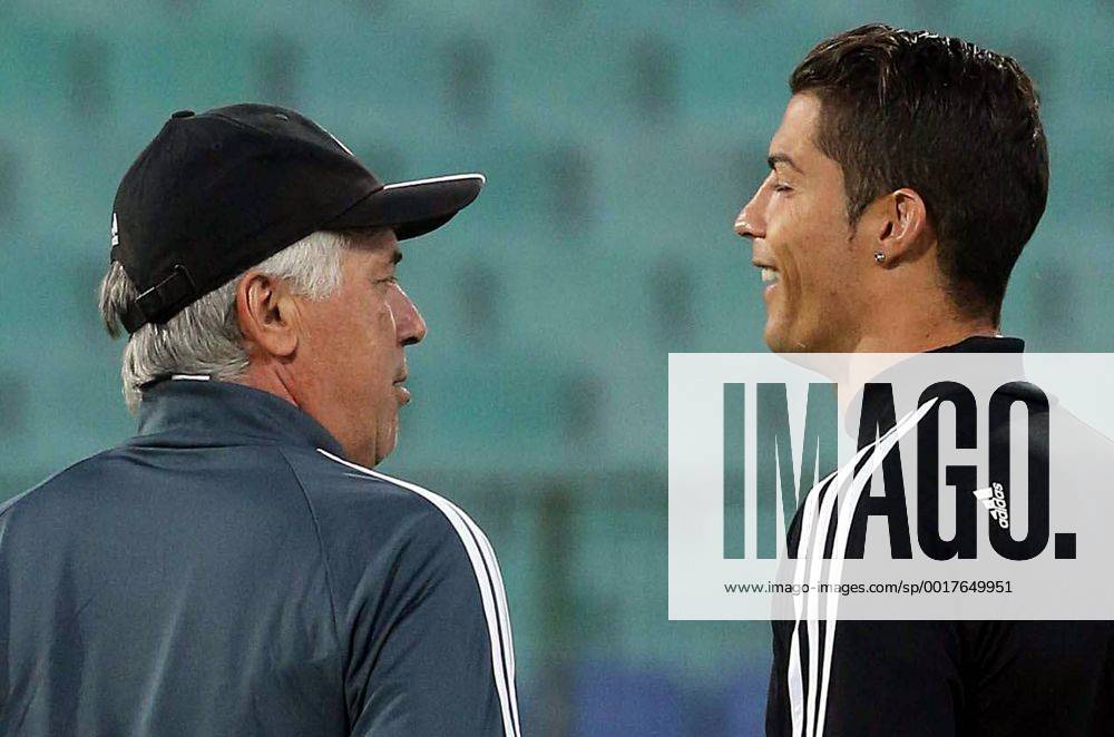 Sofia Carlo Ancelotti(L) CF Real Madrid coach with Cristiano Ronaldo(r) Training Real Madrid