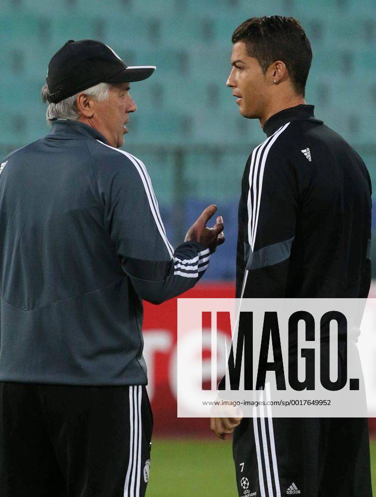 Sofia Carlo Ancelotti(L) CF Real Madrid coach with Cristiano Ronaldo(r) Training Real Madrid