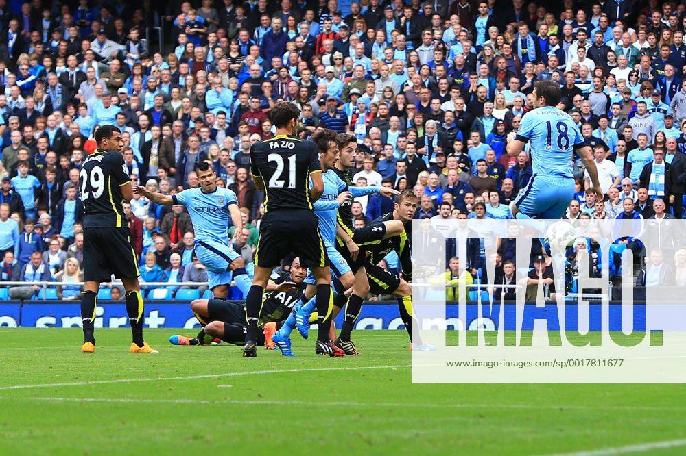 Sergio Kun Aguero of Manchester City scores the opening goal - Manchester City vs. Tottenham Hotspurs - Barclay s Premier League - Etihad Stadium - Manchester - 18 10 2014 .