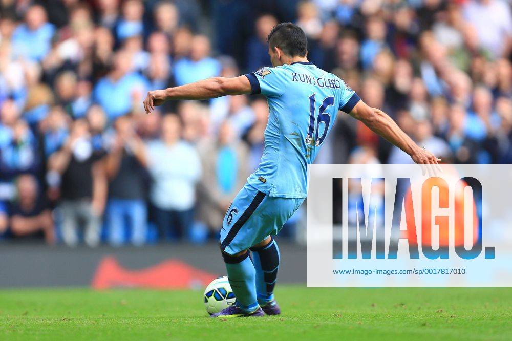 Sergio Kun Aguero of Manchester City scores his third goal from the penalty spot - Manchester City vs. Tottenham Hotspurs - Barclay s Premier League - Etihad Stadium - Manchester - 18 10 2014 .
