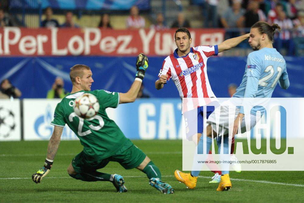 Atletico de Madrid Midfielder, Jorge Resurreccion Merodio - KOKE, number 6 celebrates after scoring a goal (1,0). Malmo FF Midfielder, Erik Johansson - ERIK JOHANSSON, number 21. Malmo FF Goalkeeper, Robin Olsen - ROBIN OLSEN, number 25. Round 3 of the CHAMPIONS league, soccer match between Atletico de Madrid - Malmo FF at the Vicente Calderon estadium, Madrid - Spain by October 22, 2014. PHOTO: MIguelLopez.