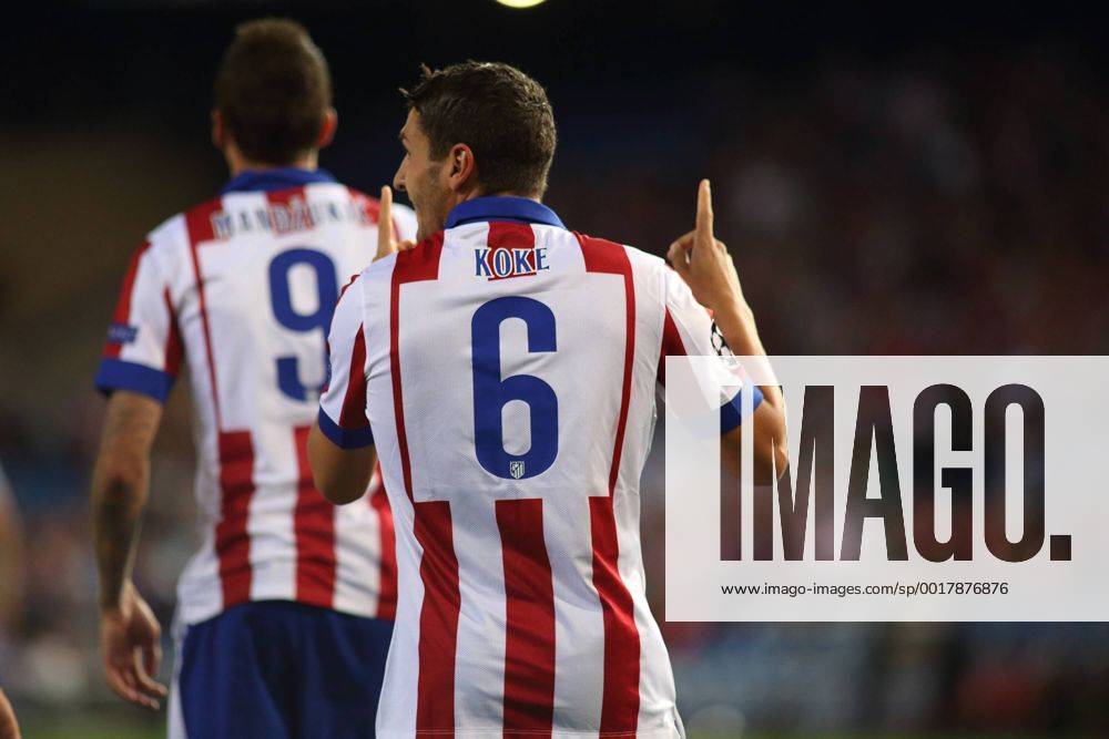 Madrid, Spain. 22th October 2014: Koke Resurreccion midfielder from Atletico de Madrid, celebrating after scoring during the UEFA Champions League group stage against Malmö FF at the Vicente Calderon stadium. (Photo: IvanAbanadesMedina).
