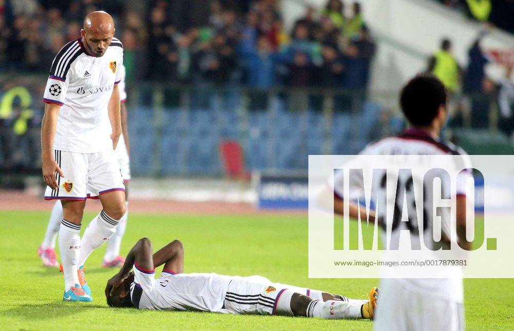 Sofia(Bulgaria) PFC Ludogorets - FC Basel UEFA Champions League men s football Arlind Ajeti(L) with Breel Embolo (down) FC Basel after lost match :Stringer