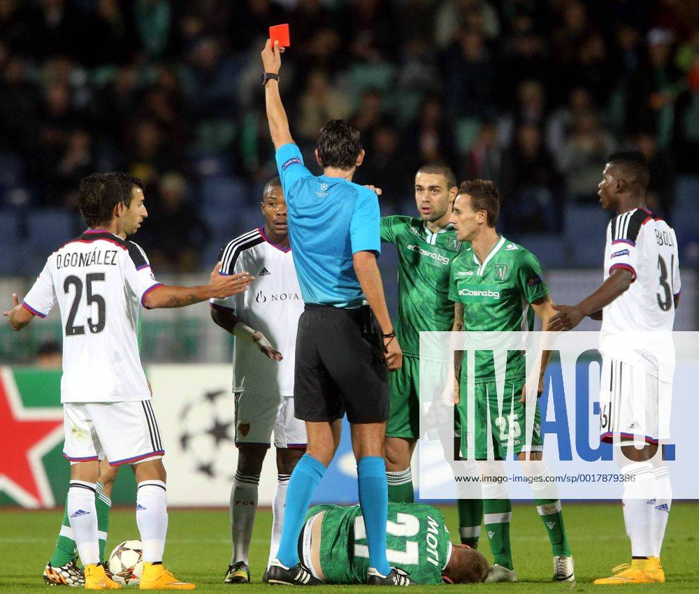 Sofia(Bulgaria) PFC Ludogorets - FC Basel UEFA Champions League men s football Geoffroy Serey Die(5th from right) FC Basel receive red card from Deniz Aytekin(4th from right) German referee beside Georgi Terziev (3rd from right) and Yordan Minev (2nd from right) PFC Ludogorets :Stringer