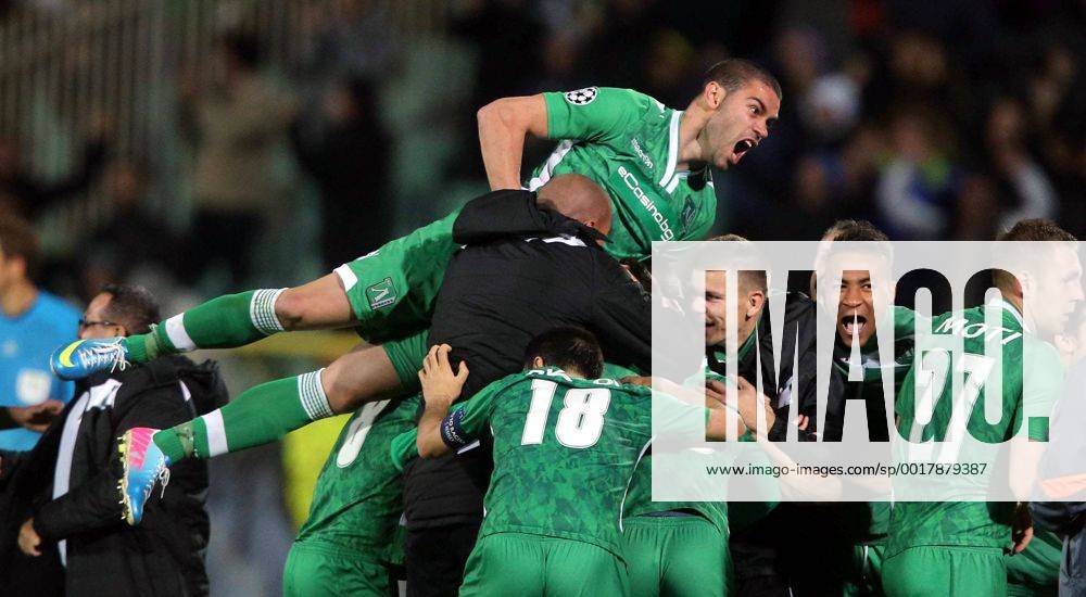 Sofia(Bulgaria) PFC Ludogorets - FC Basel UEFA Champions League men s football Georgi Terziev(L),Roman Bezjak(2L),Anicet Abel(3L) and (r) PFC Ludogorets celebrate victory after match :Stringer