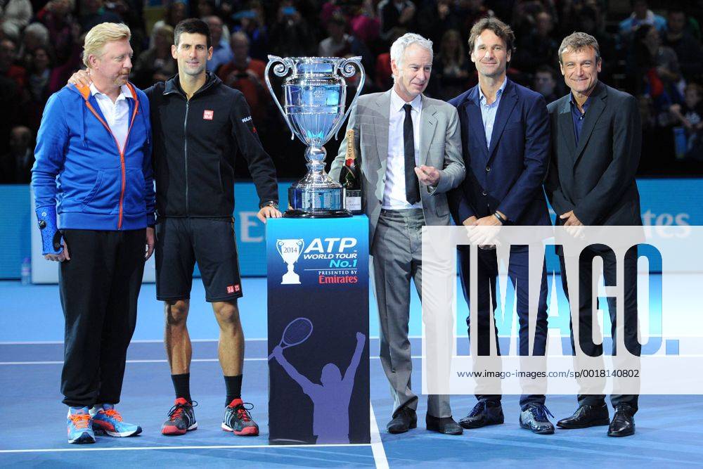 Novak Djokovic (Ser) number 1 with Boris Becker, John McEnroe, Carlos Moya and Mats Wilander TENNIS : ATP Tennis Herren World Tour Finals 2014 - 11 11 2014 - 16 11 2014 TennisMagazinexPanoramic