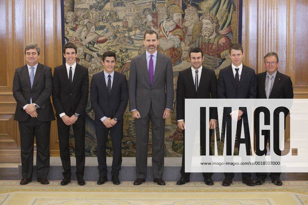 King Felipe VI of Spain receives moto riders Alex Marquez, Marc Marquez, Toni Bou, Esteve Rabat during Royal Audience at Zarzuela Palace in Madrid, Spain. November 20, 2014. (20152285)